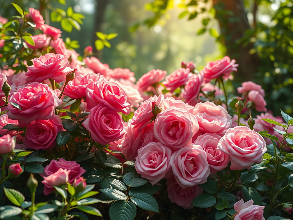 AIで作成した咲き乱れるピンク色の薔薇の庭の画像